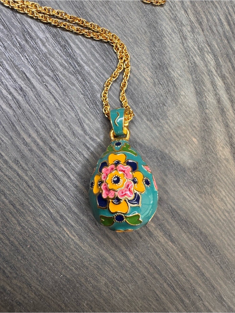 Joan Rivers Teal Enamel Egg Pendant Necklace with Pink and Yellow Floral Accents